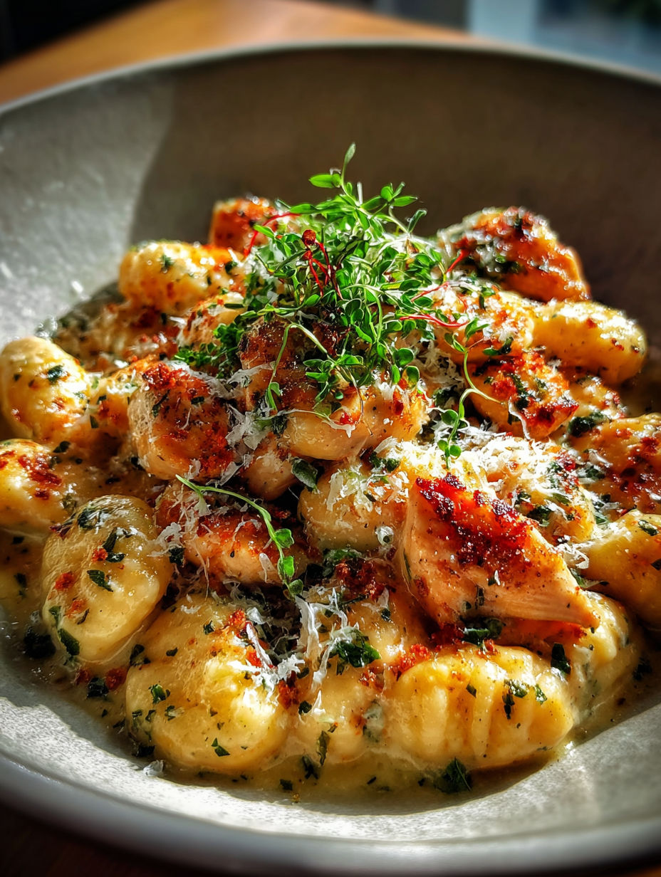 Un plato de gnocchi con pollo y queso asiago.