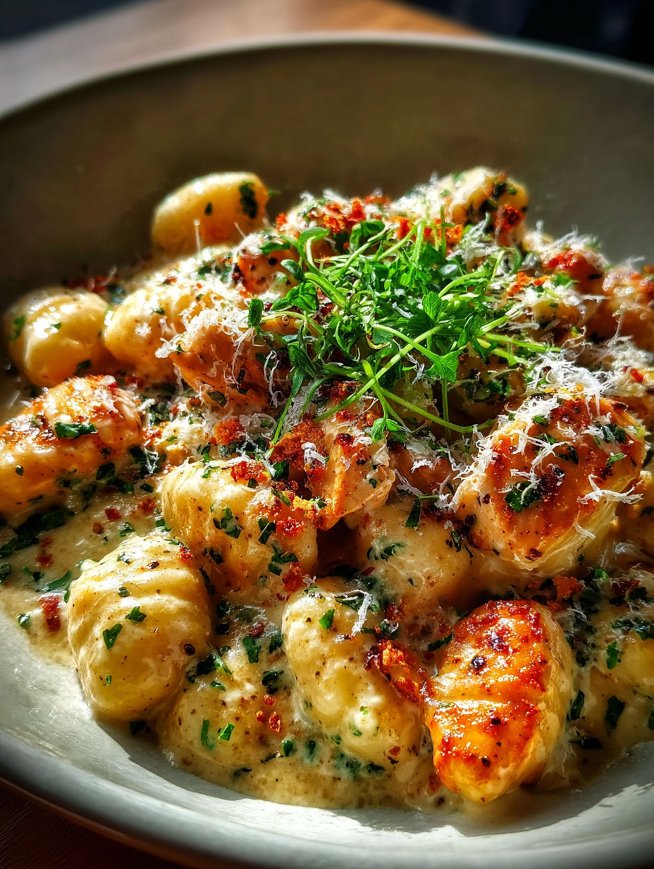 Un tazón con gnocchi de pollo y queso Asiago.