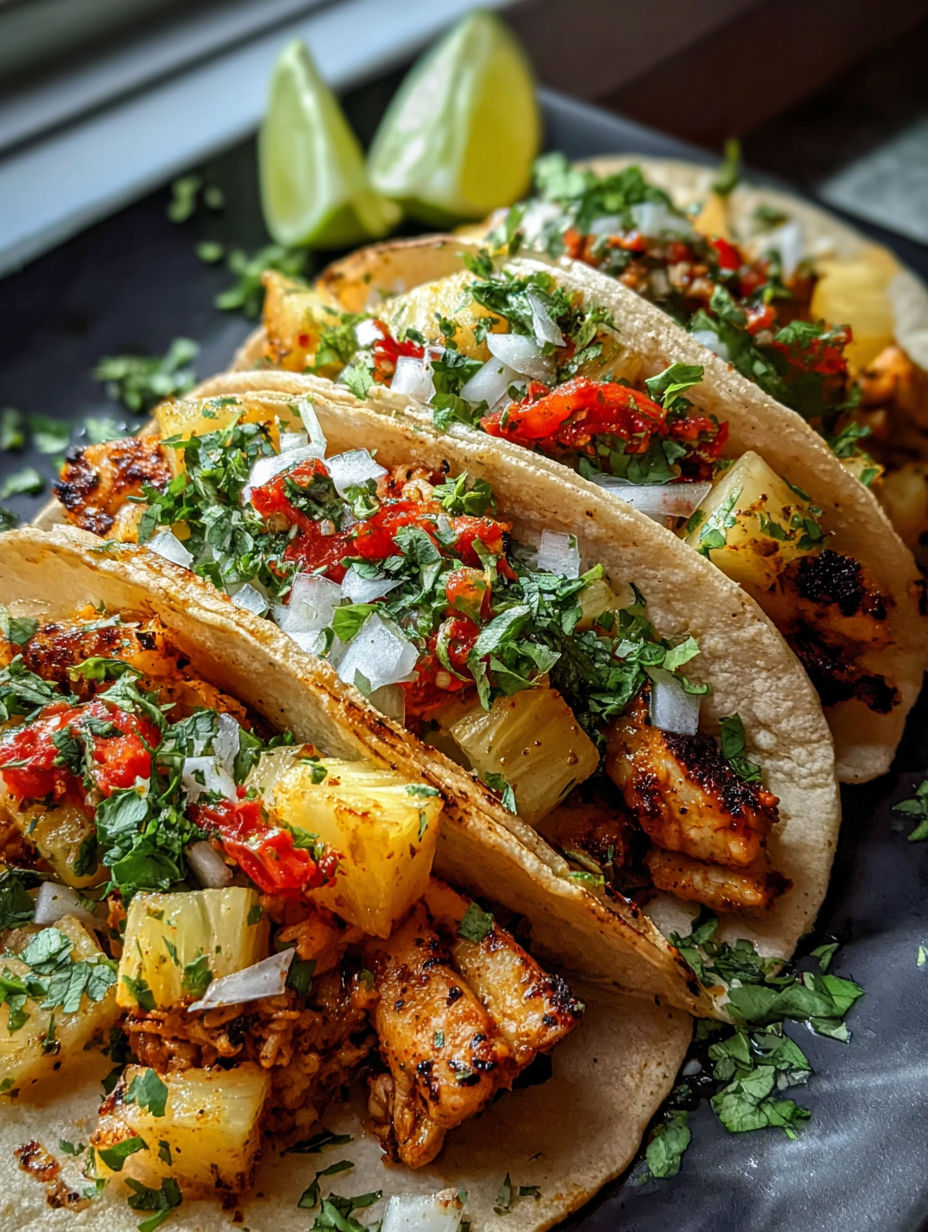 Un plato de tacos de pollo con piña.