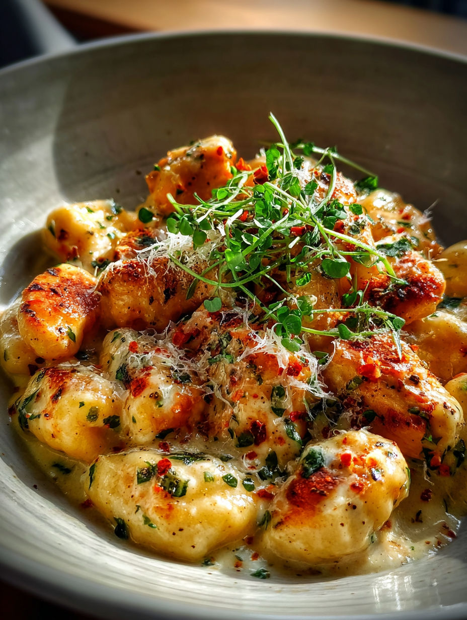 Un plato con gnocchi de pollo y queso Asiago.