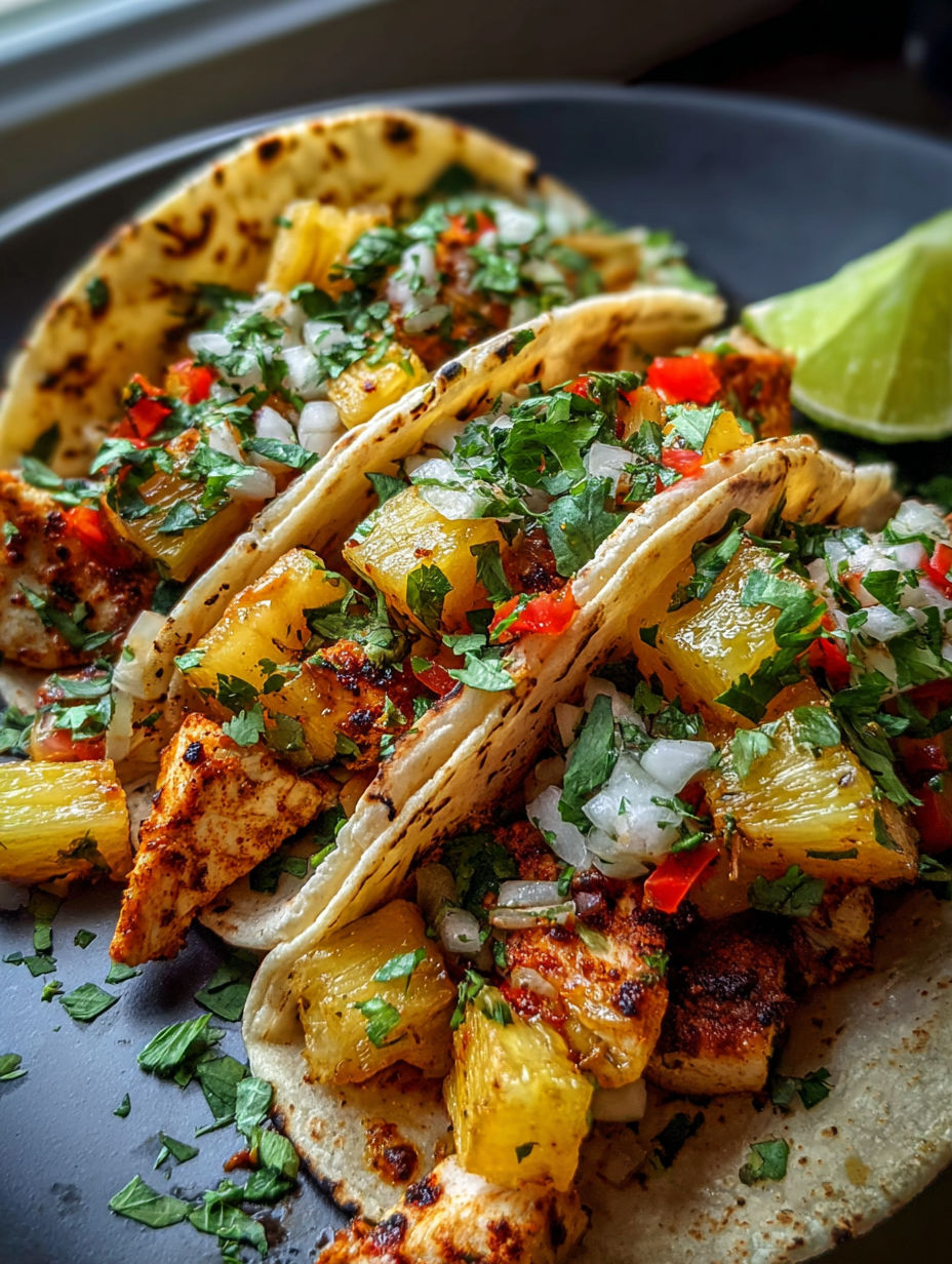 Un plato con tacos de pollo y piña.