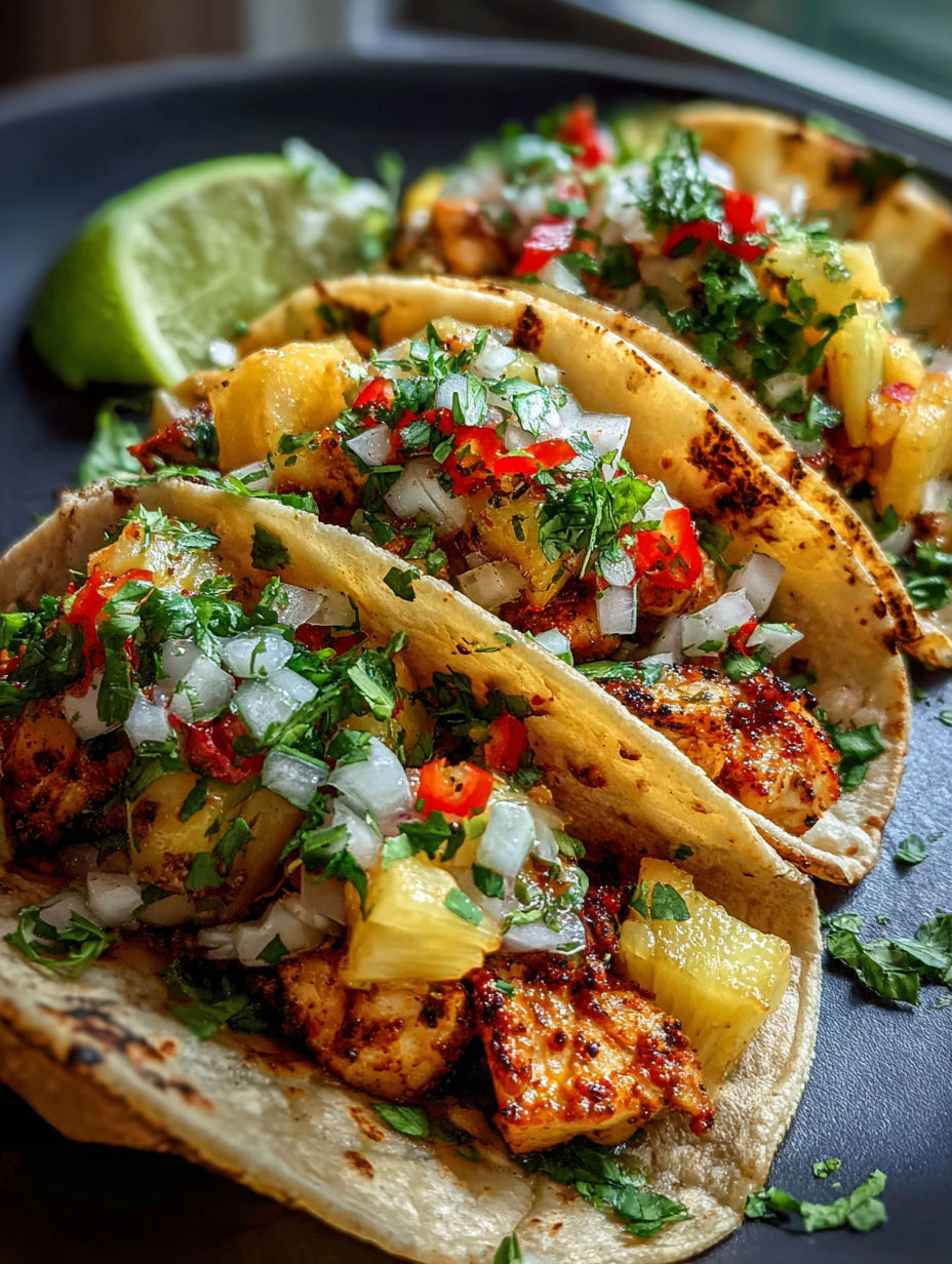 Un plato con pollo, piña y cebolla.