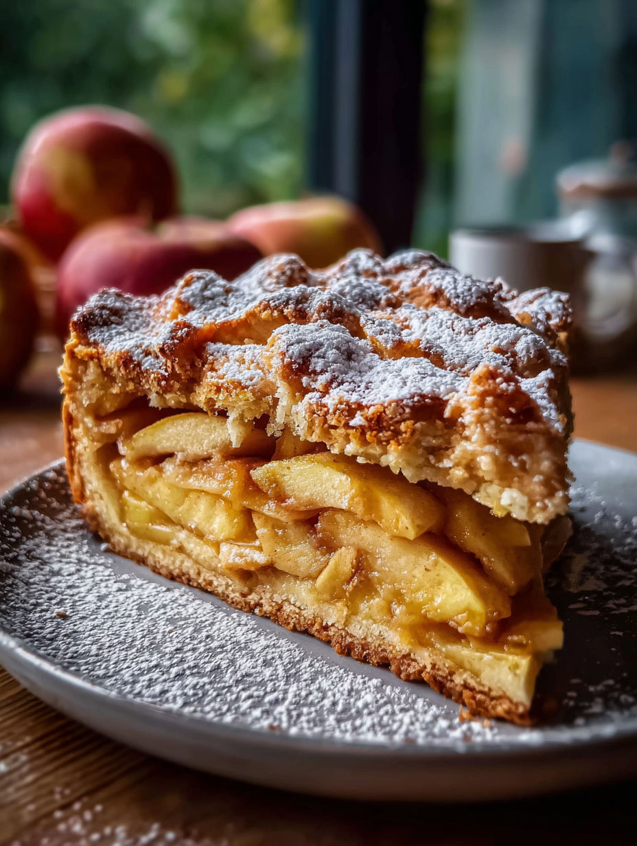 Una porción de pastel de manzana servido en un plato.