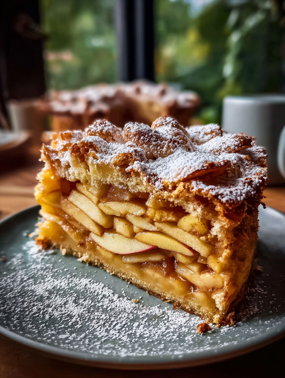 Una porción de tarta con manzana y azúcar encima.