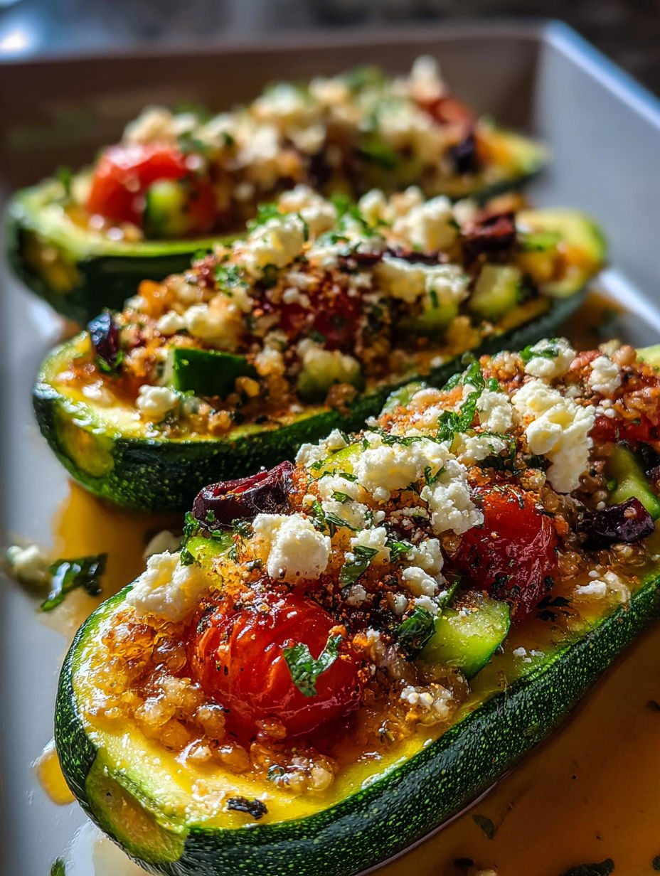 Un plato de calabacines rellenos con tomates y queso feta.