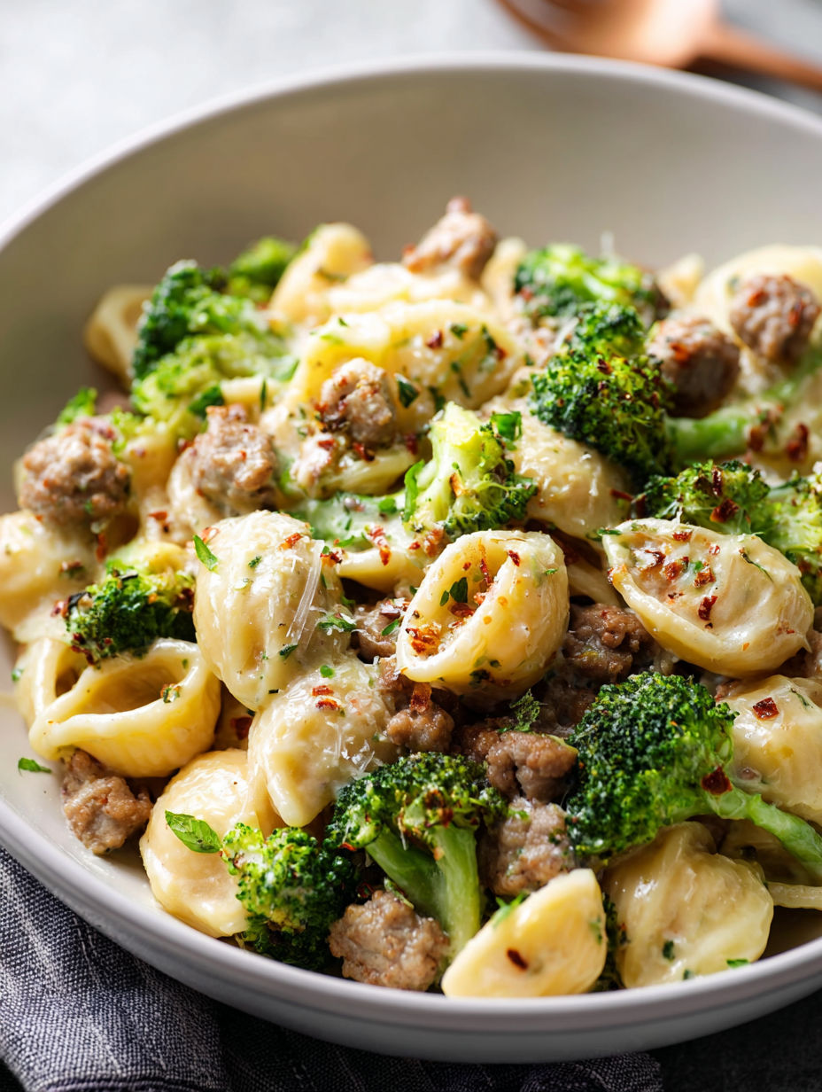 Un tazón con pasta, salchicha y brócoli.