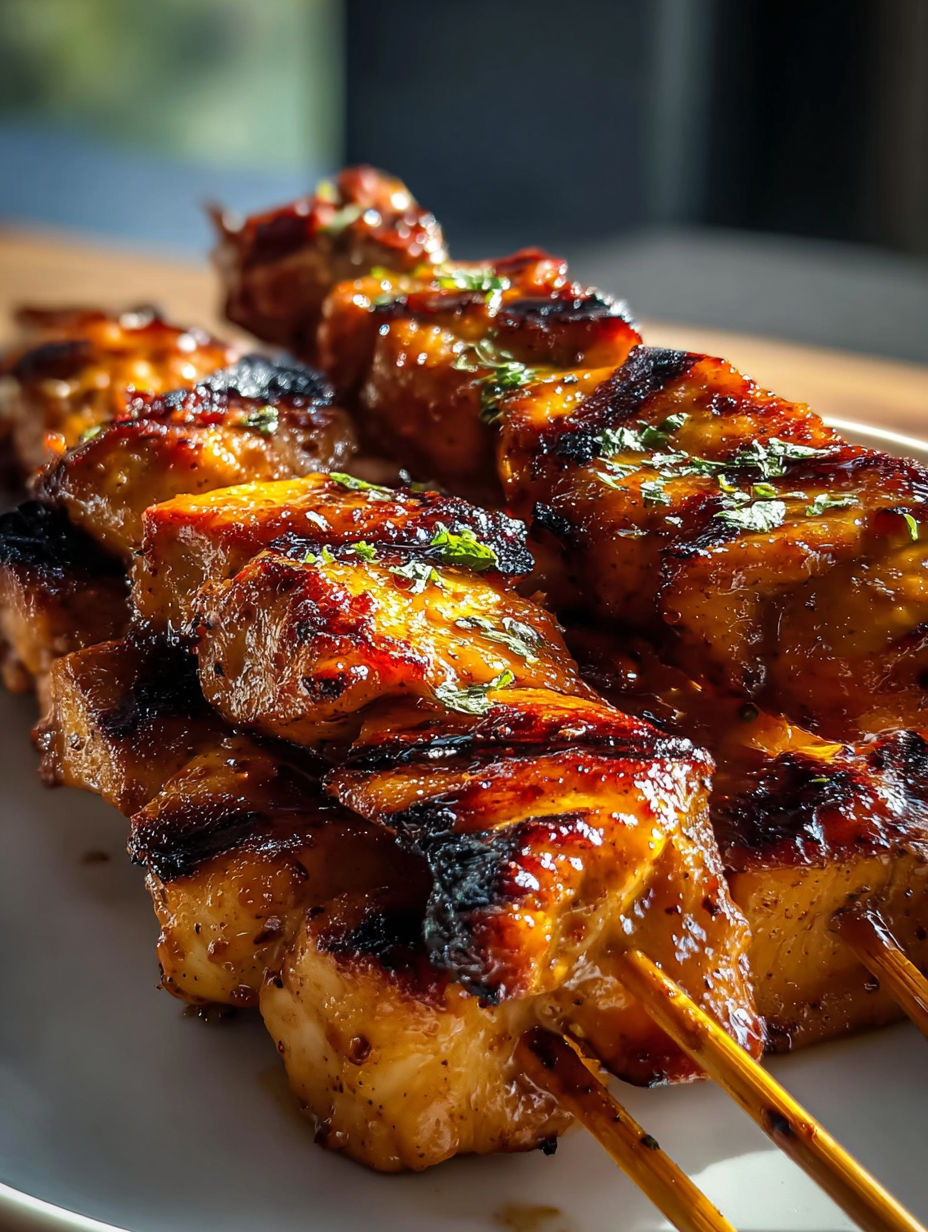 Pinchos de pollo con chipotle y miel en un plato.