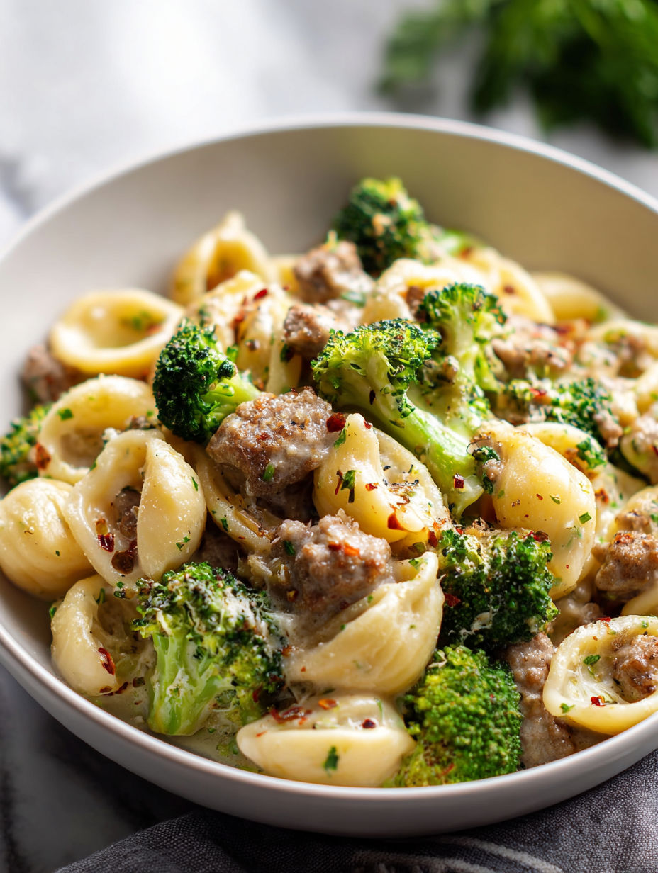Un tazón de pasta con salchicha y brócoli.