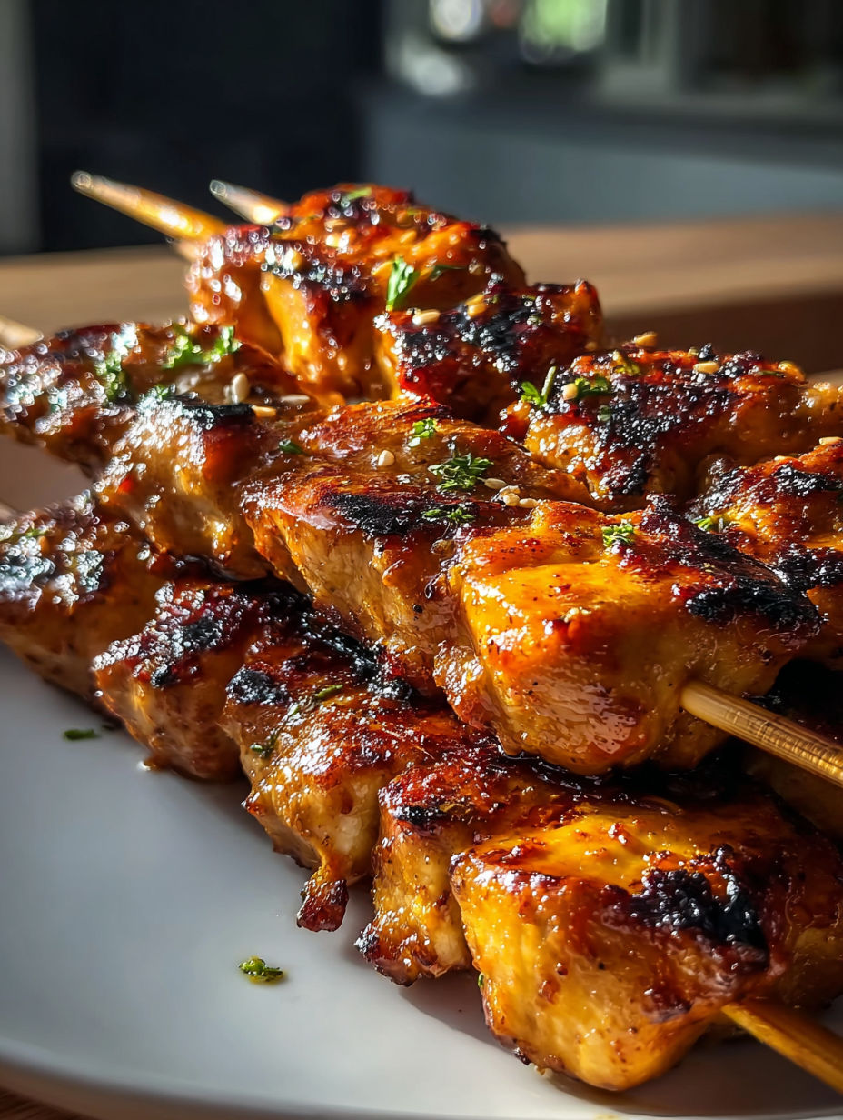 Pinchos de pollo con chipotle y miel en un plato.