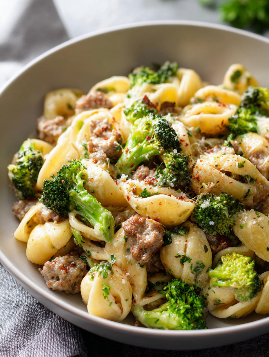 Un plato de pasta con salchicha y brócoli.