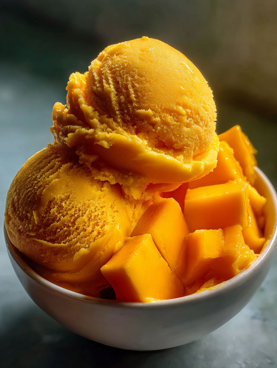 Un tazón con sorbet de mango.