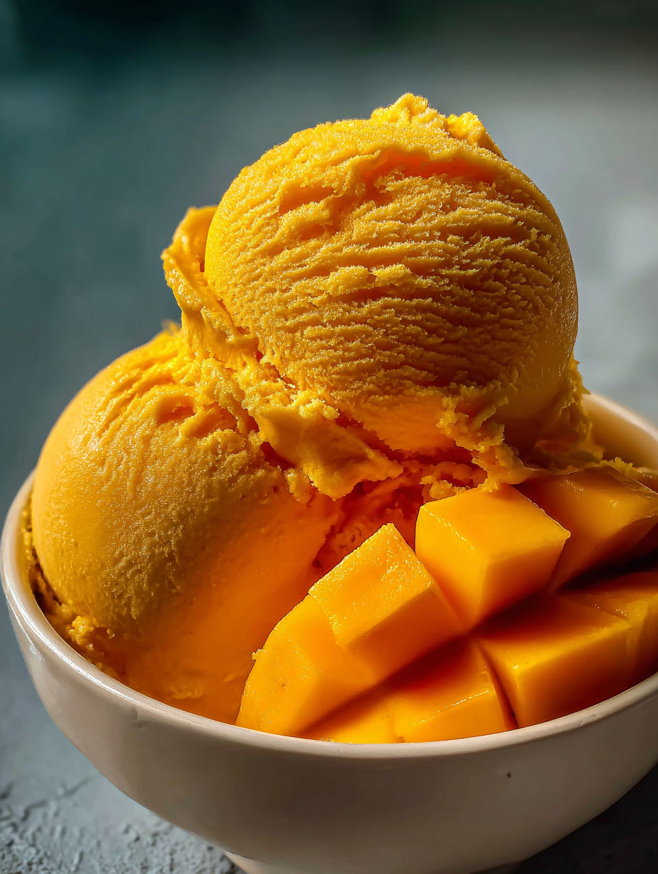 Un tazón con sorbete de mango.