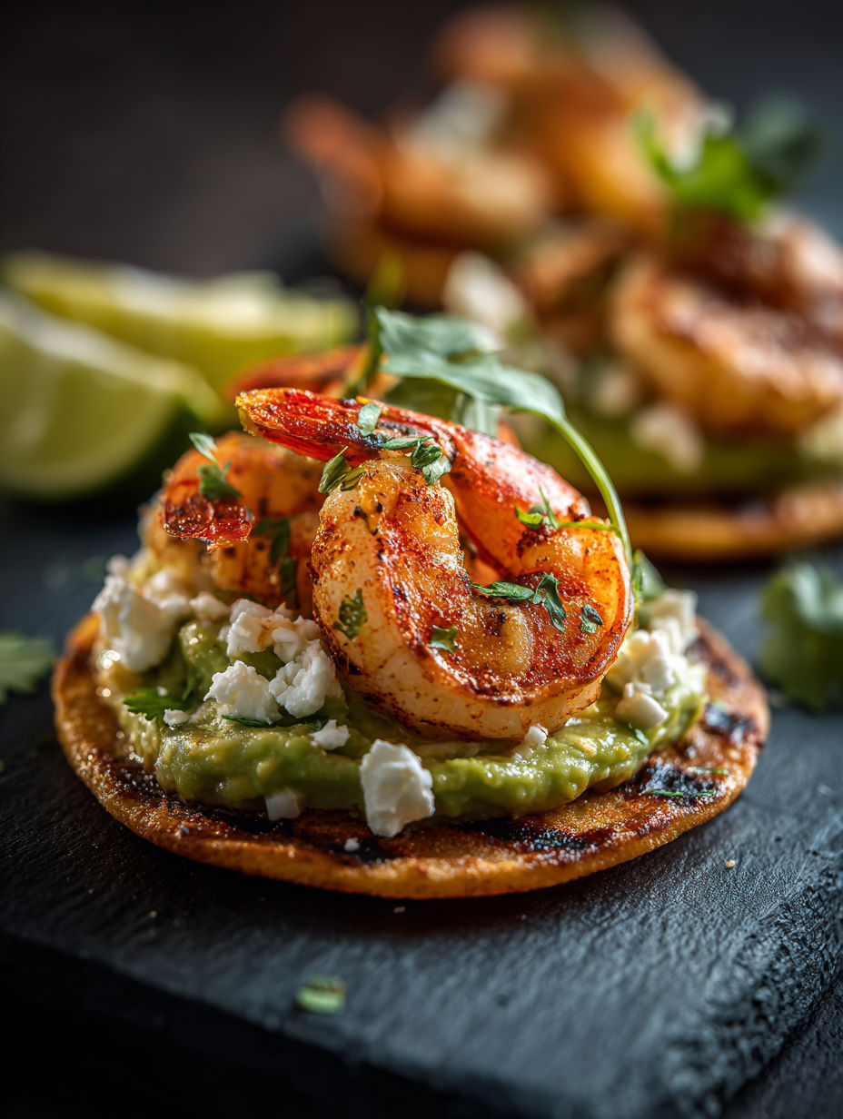 Tostadas con camarones a la parrilla y aguacate cremoso.