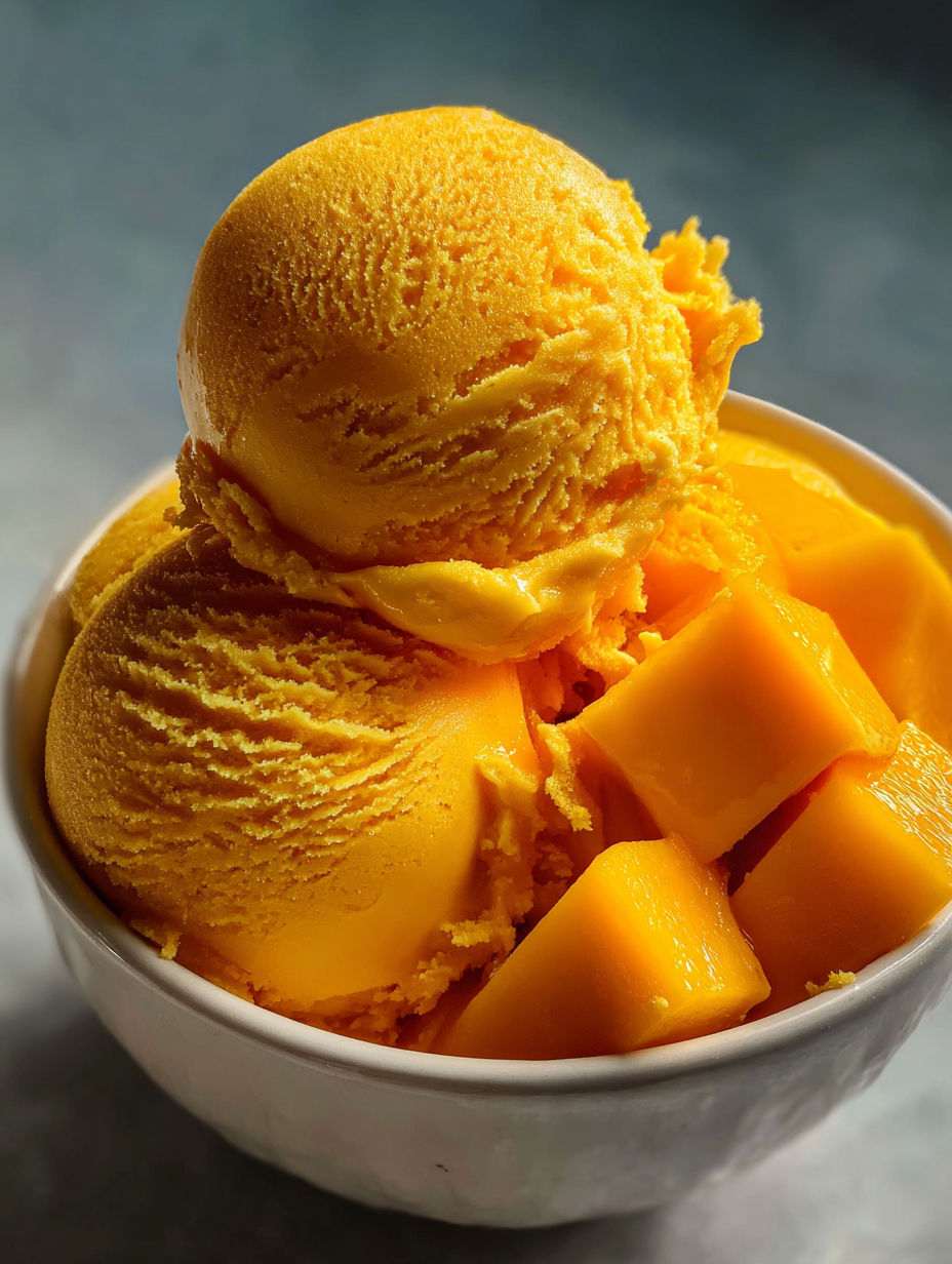 Un tazón con sorbete de mango.