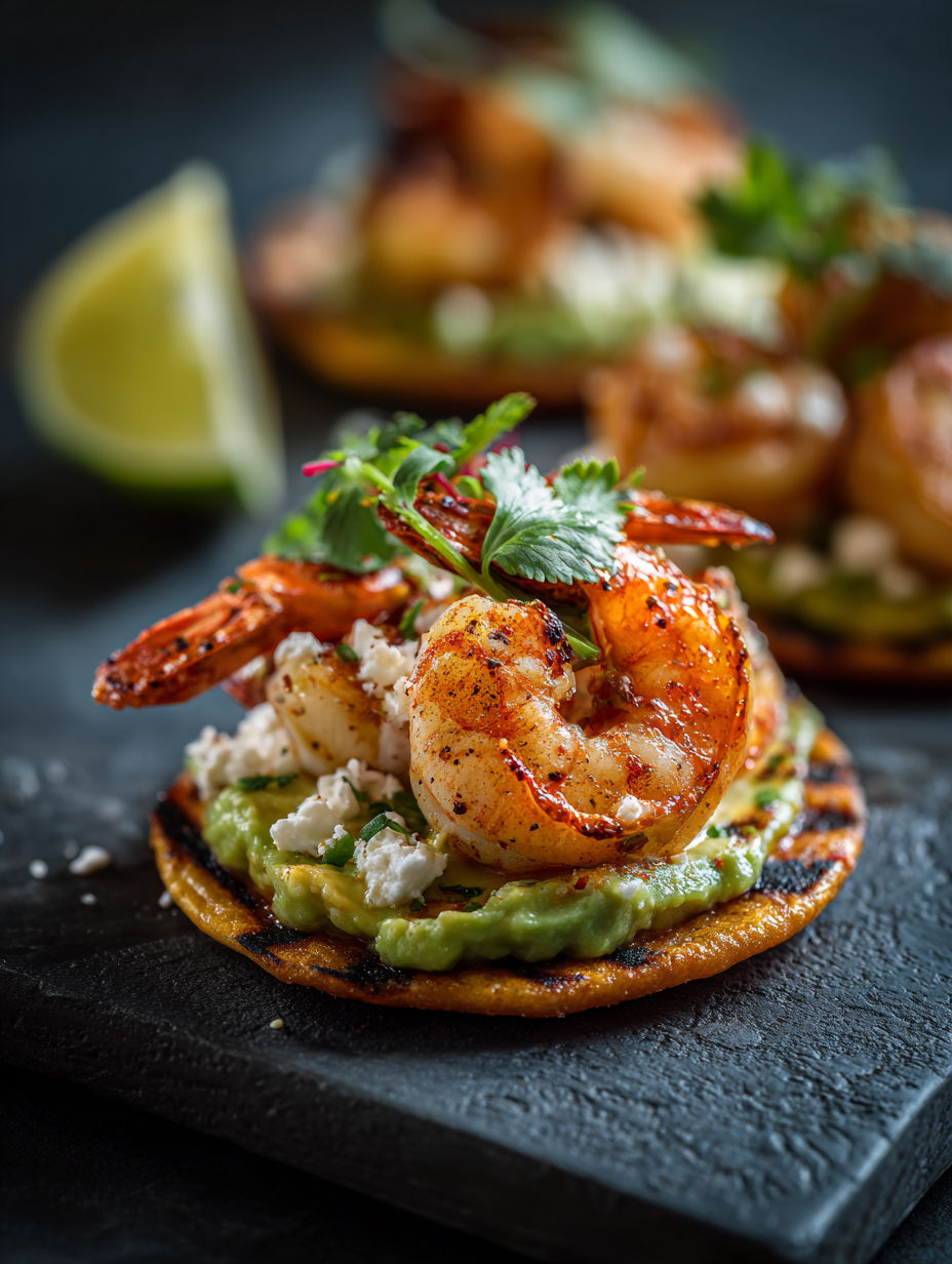 Tostadas con camarones a la parrilla y aguacate cremoso.