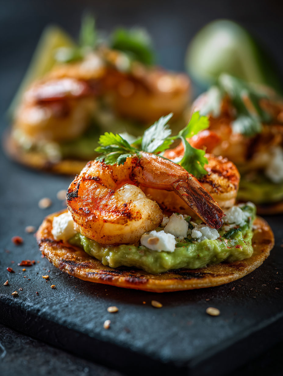 Tostadas con camarones a la parrilla y aguacate cremoso.