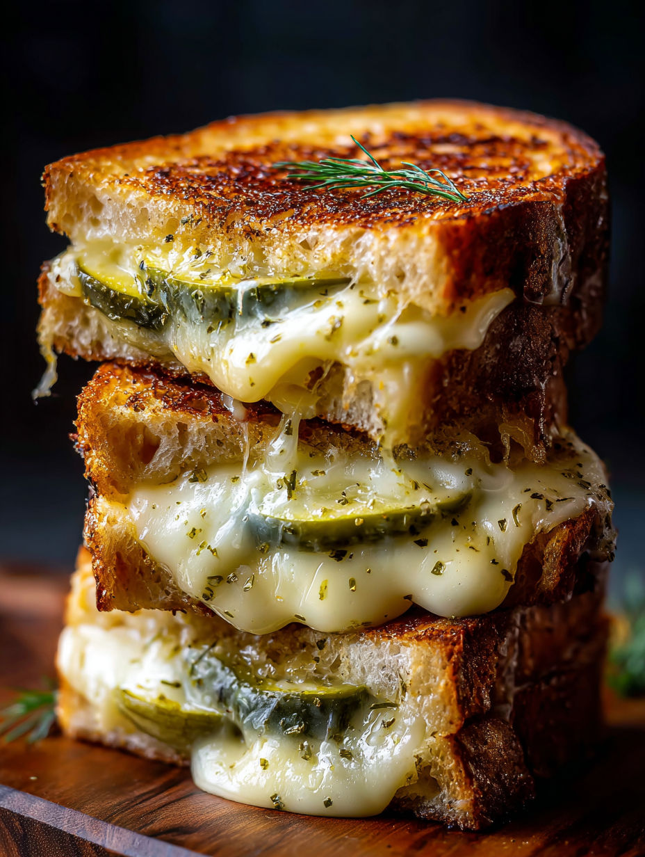 Una torre de sándwiches de queso a la plancha con pickles encima.