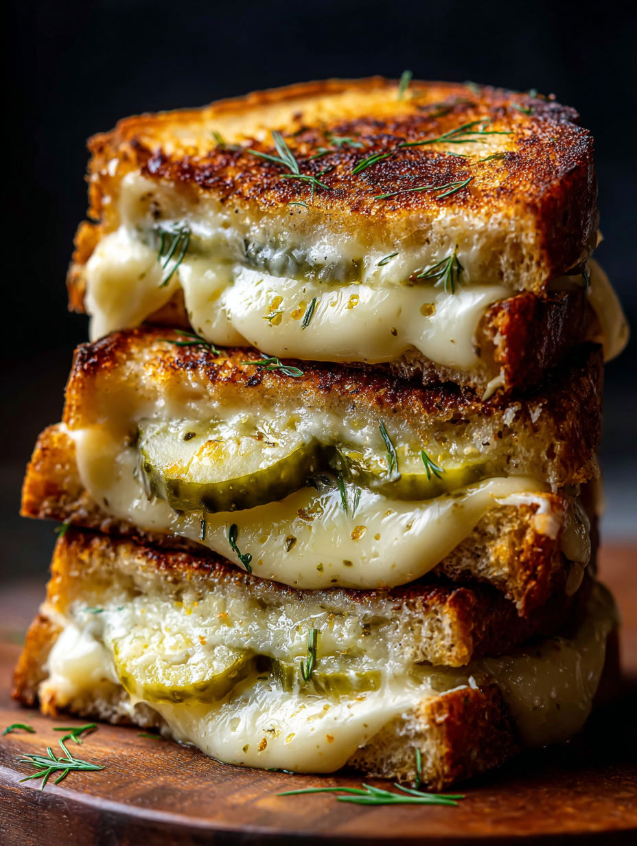 Tres sándwiches de queso a la parrilla apilados con pepinillos al eneldo.