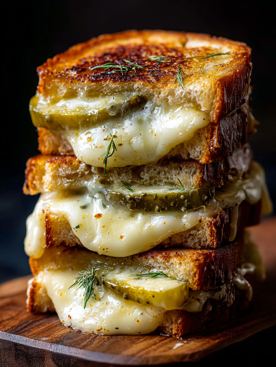 Una torre de sándwiches de queso a la parrilla con pepinillos encima.