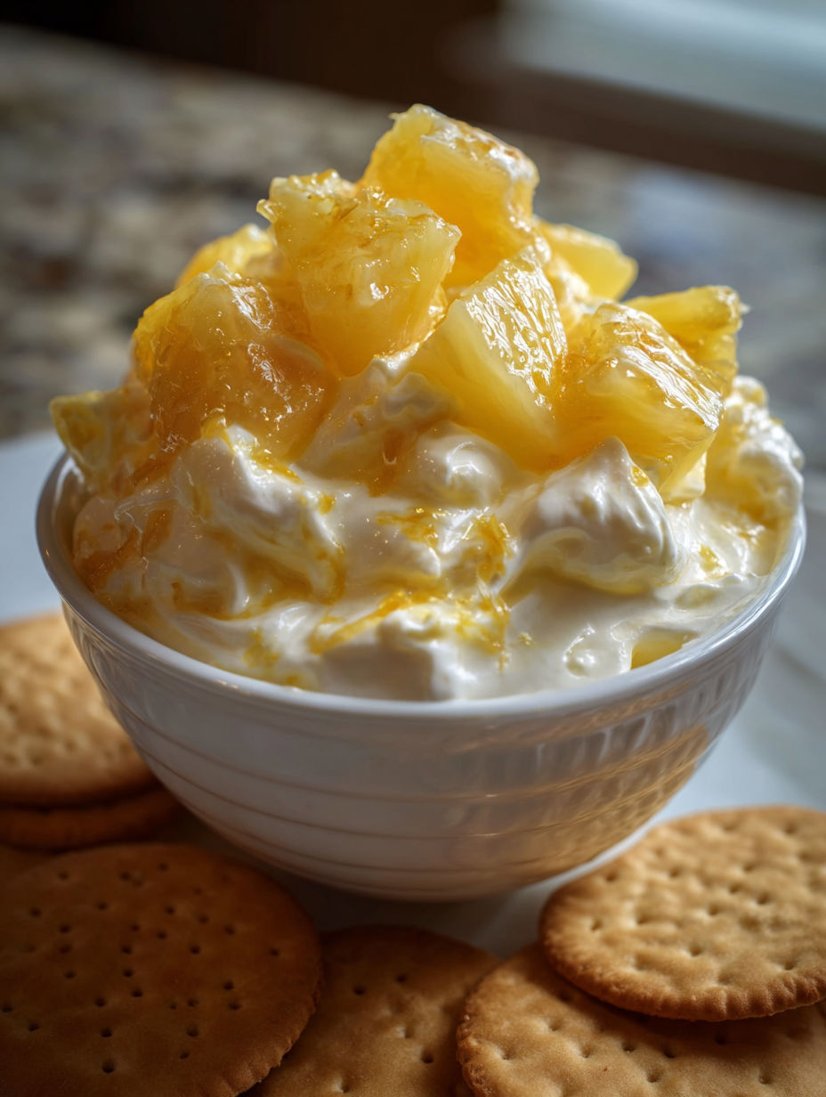 Un bol con dip de piña junto a galletas Nilla crujientes.