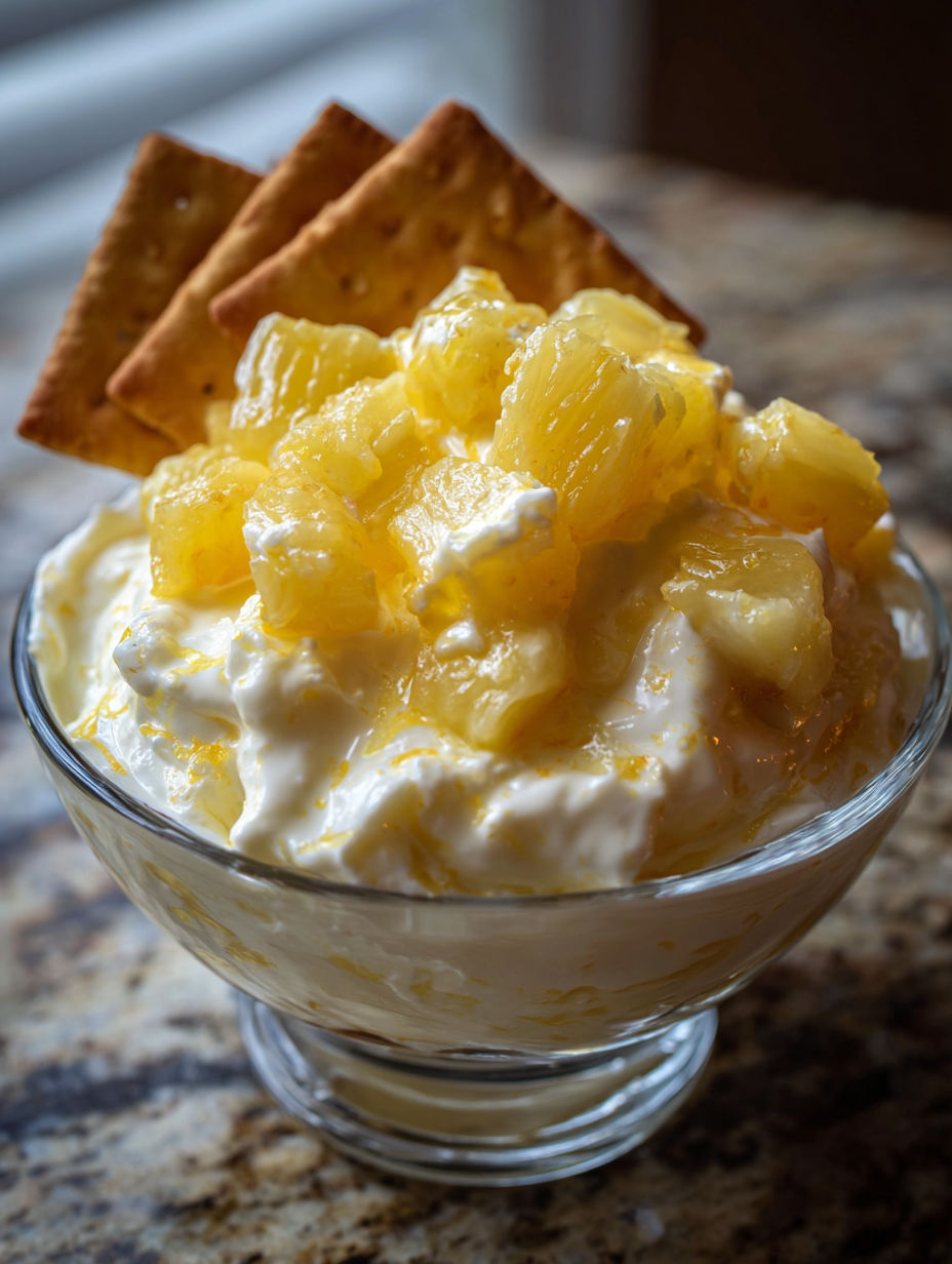 Un bol con dip de piña y una galleta Nilla encima.