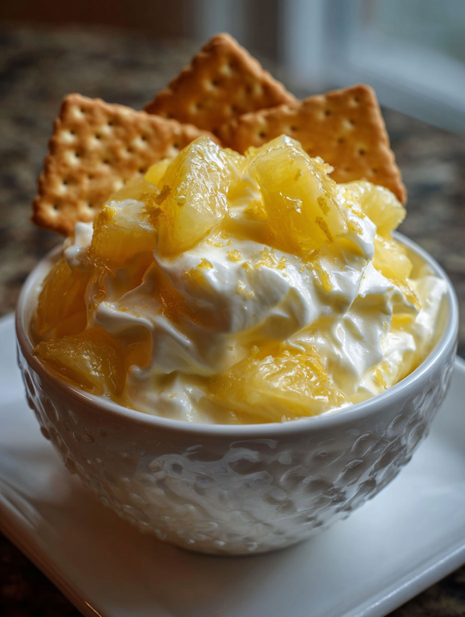 Un bol con dip de piña y galletas Nilla encima.