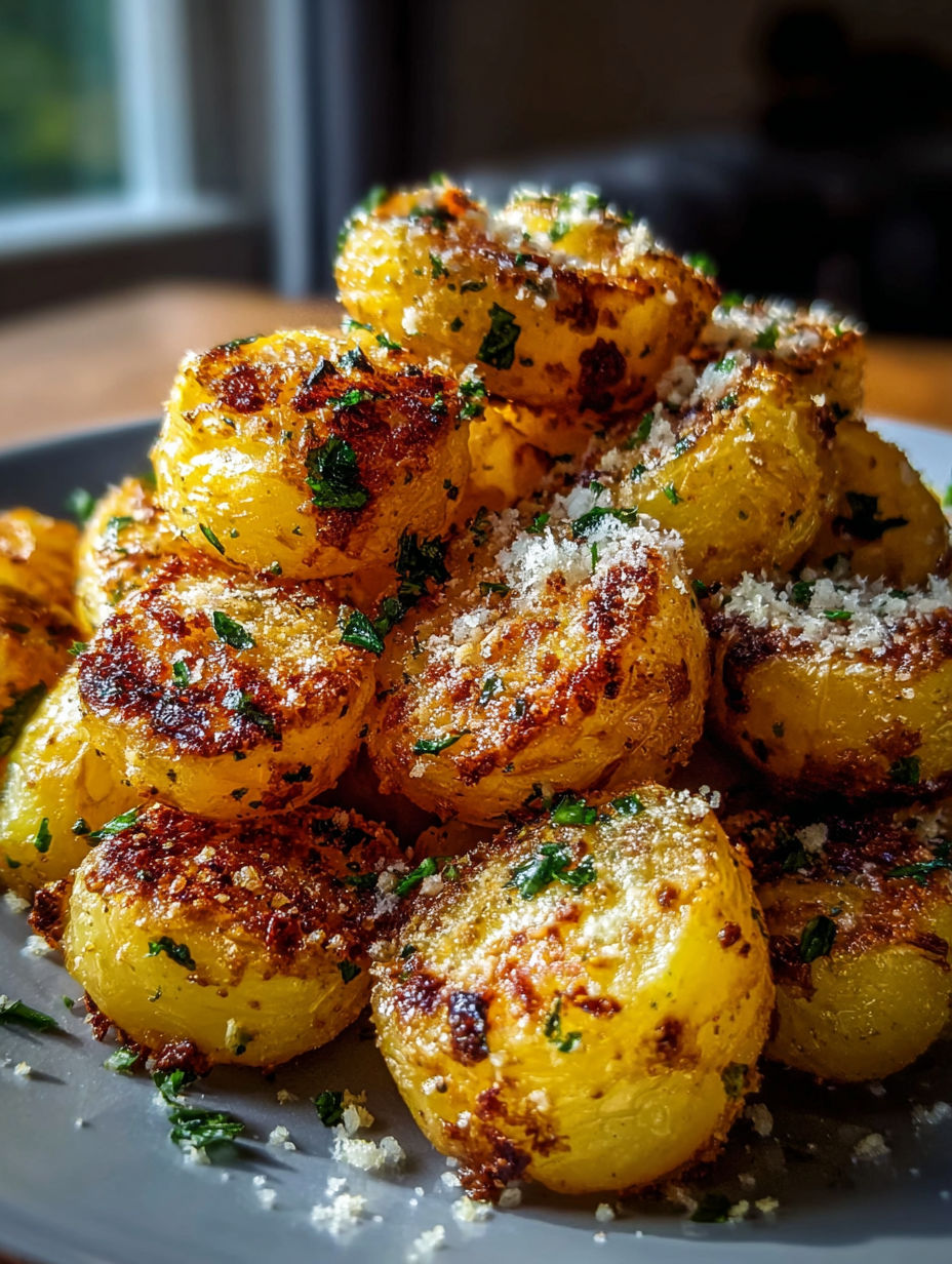 Un plato de papas crujientes con parmesano.