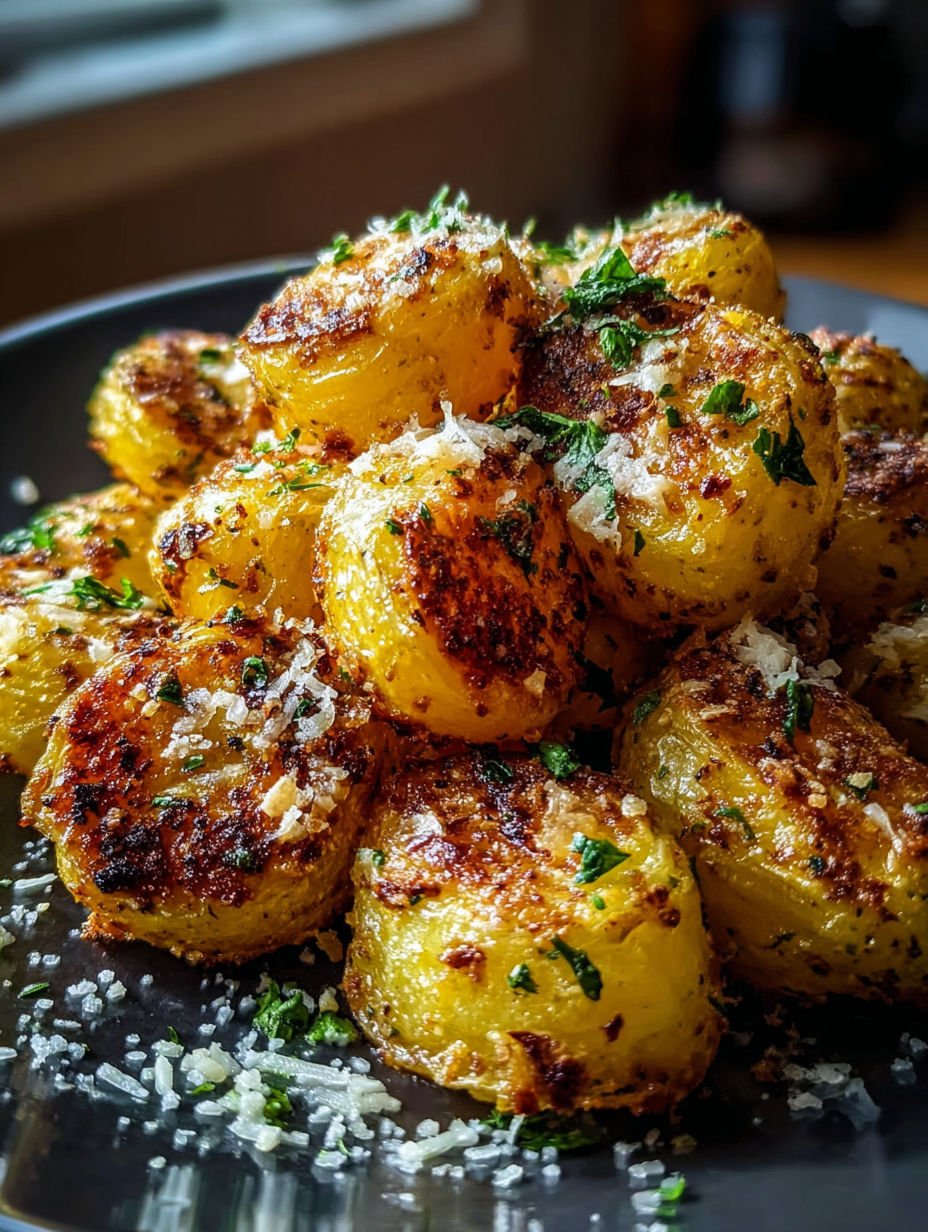 Un plato de papas crujientes con parmesano.