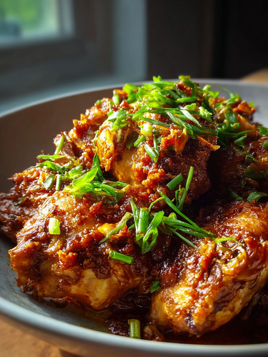 Un plato con pollo al ajo y azúcar moreno hecho en olla lenta.