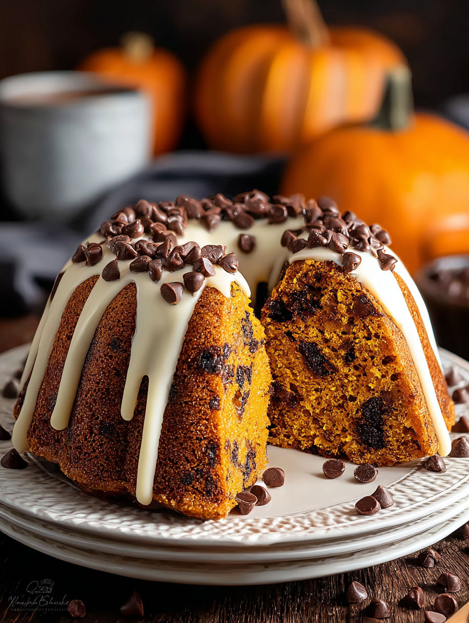 Bizcocho Bundt con calabaza y chispas de chocolate.