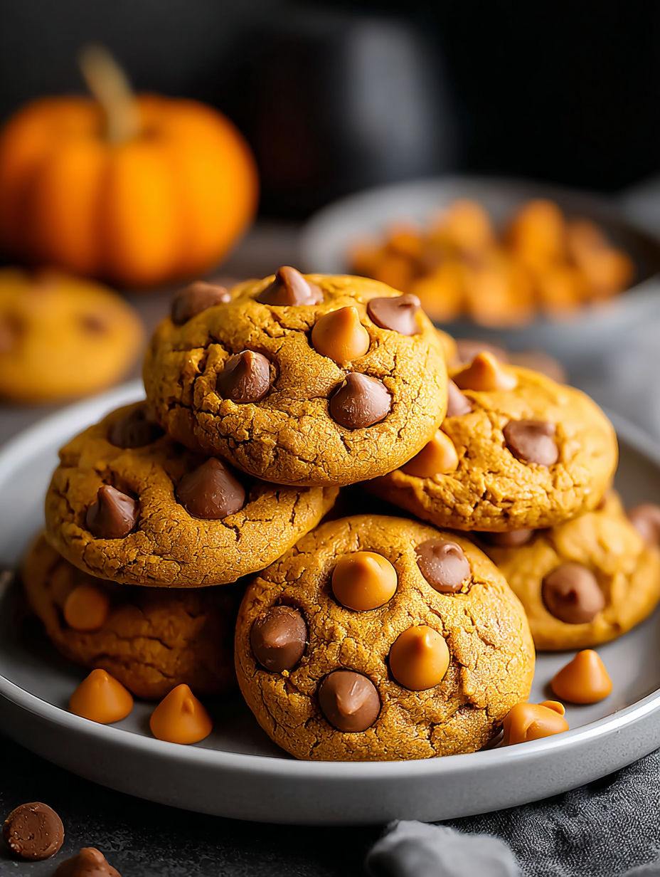 Un plato con galletas de calabaza y trocitos dulces.
