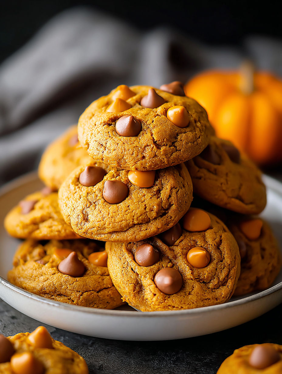 Un plato lleno de galletas con calabaza y chispas de butterscotch.