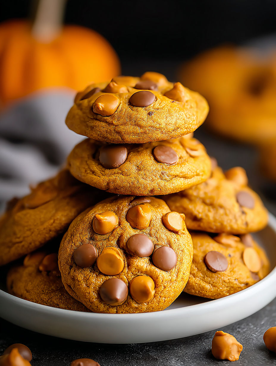 Una pila de galletas con calabaza y chispas de butterscotch.