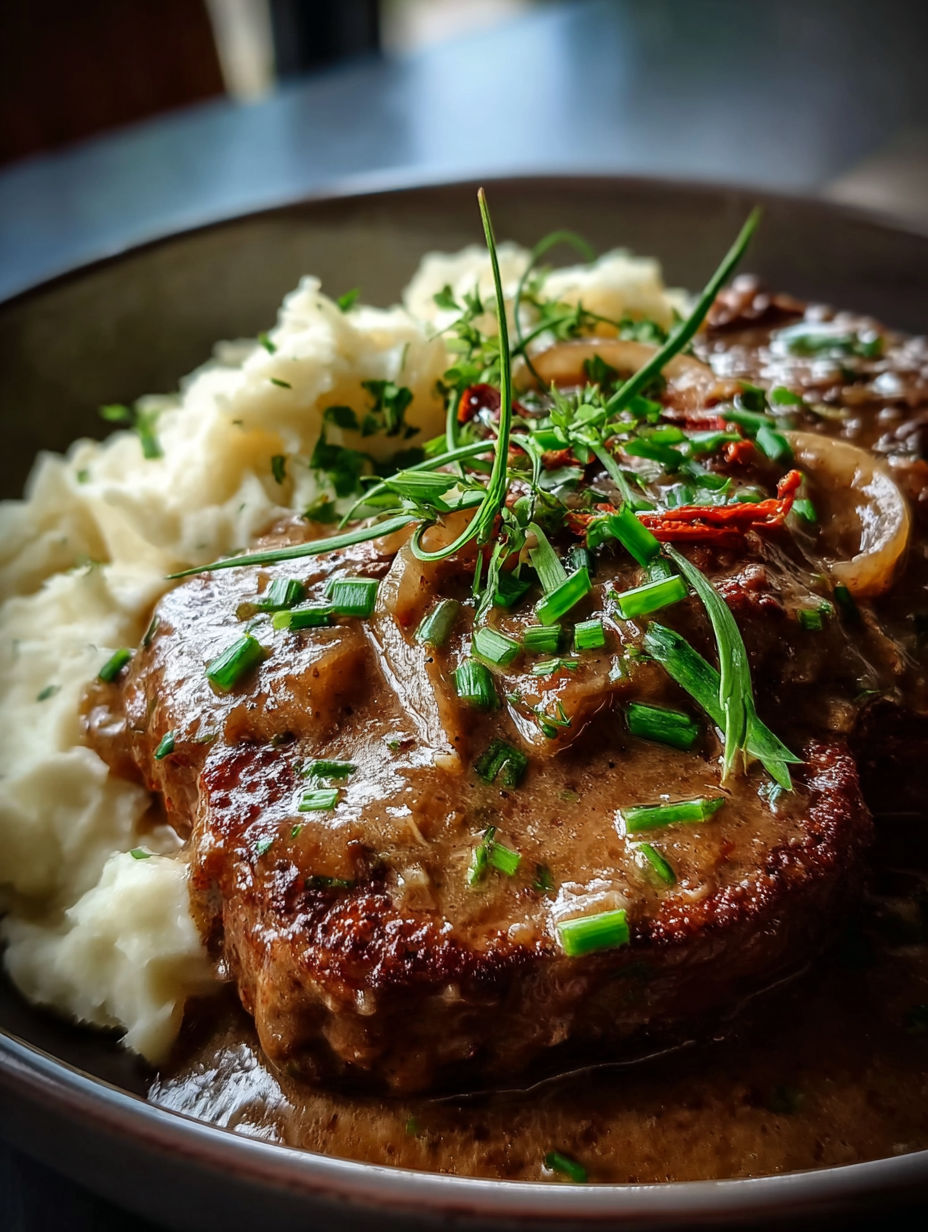 Primer plano de un sabroso cube steak en olla lenta con crema de apio.