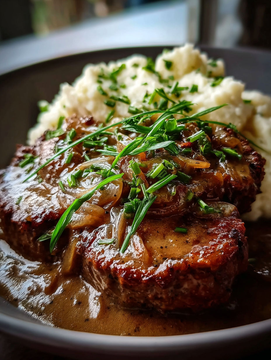 Un plato con carne y puré de papas.