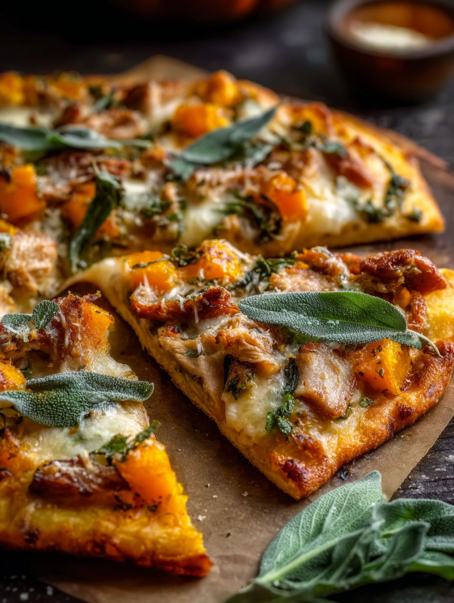Una pizza con calabaza, pavo y salvia encima.
