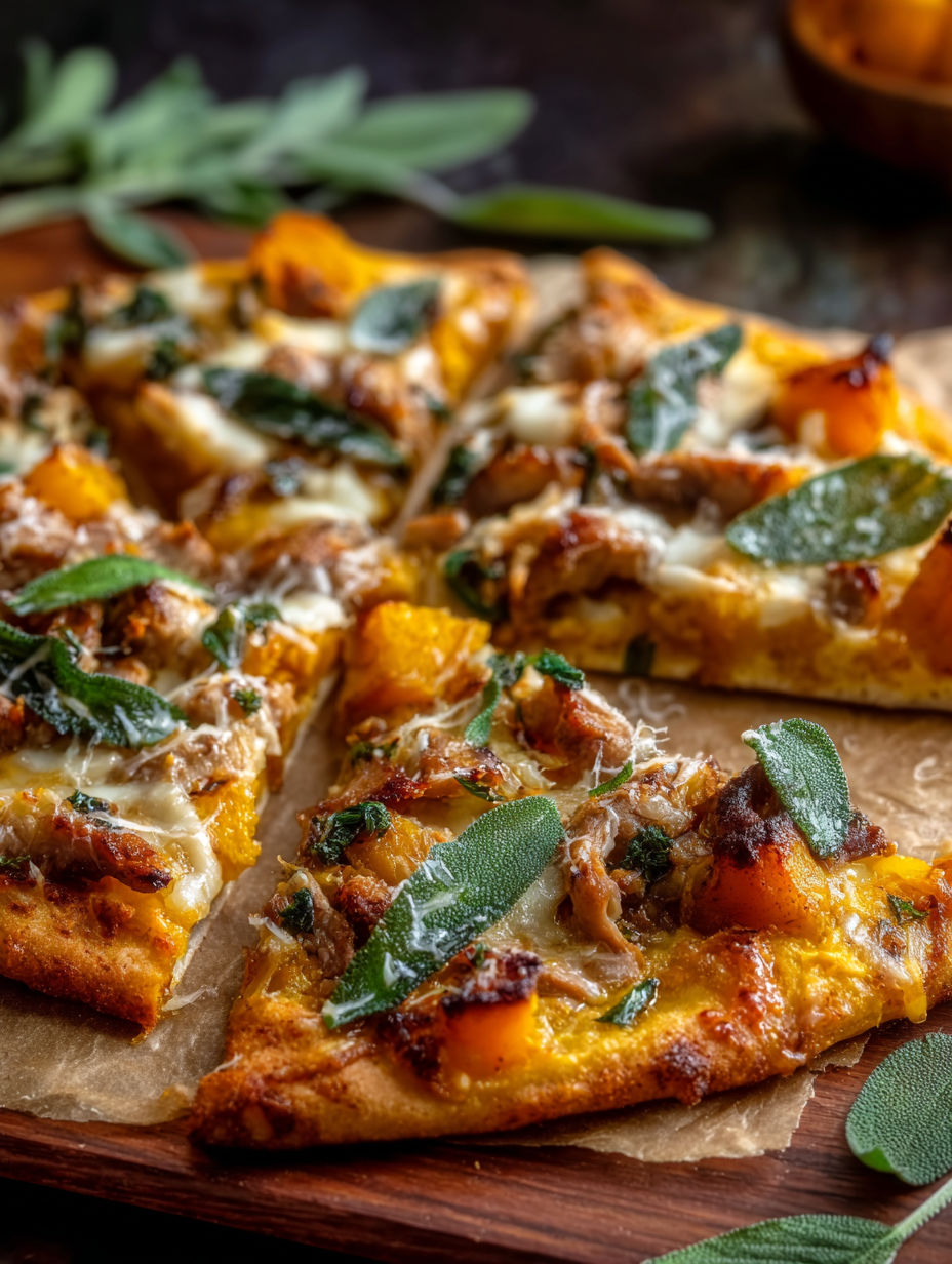 Rebanada de pizza de calabaza con pavo y salvia.