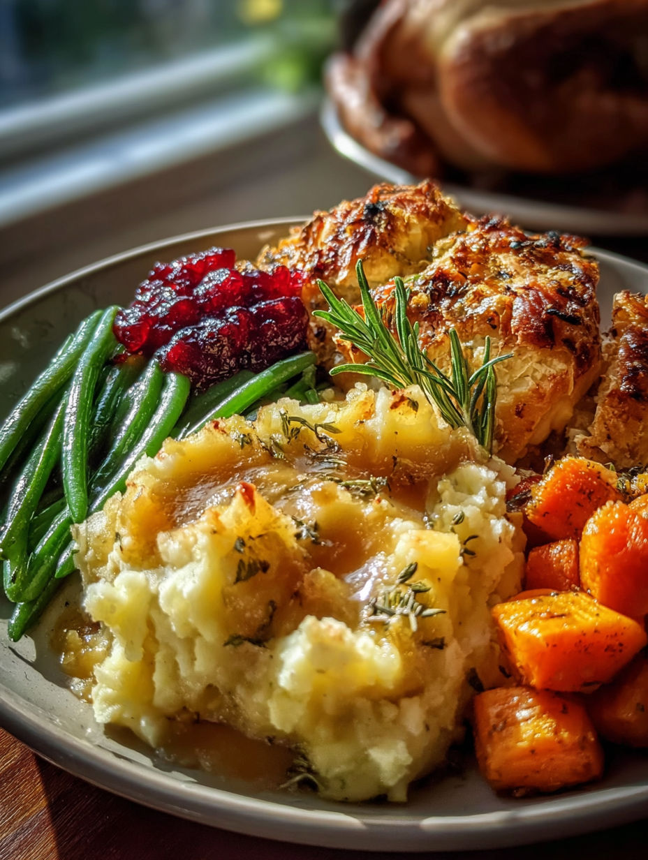 Un plato con pavo relleno y ejotes.