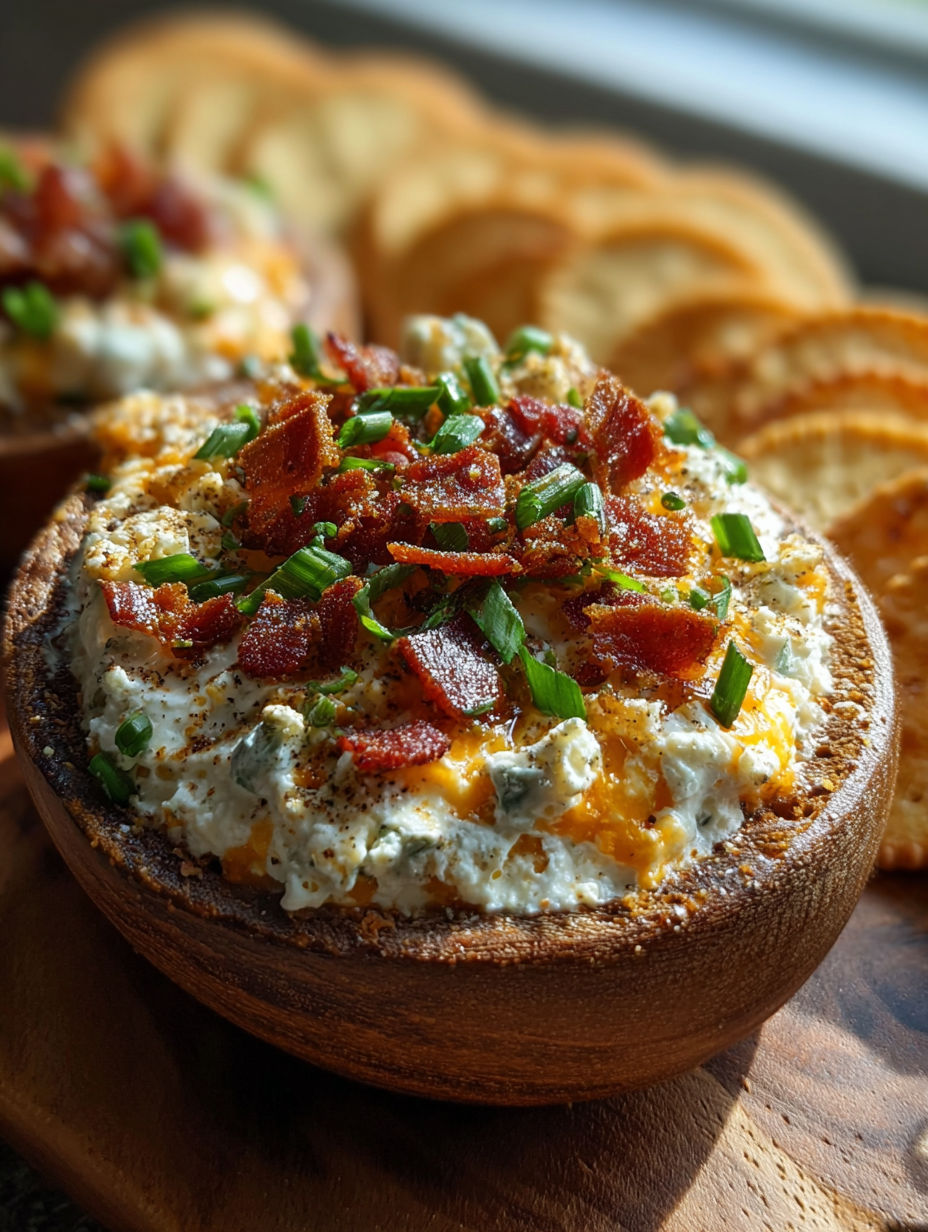 Aperitivo cremoso de queso con tocino y cebollín.