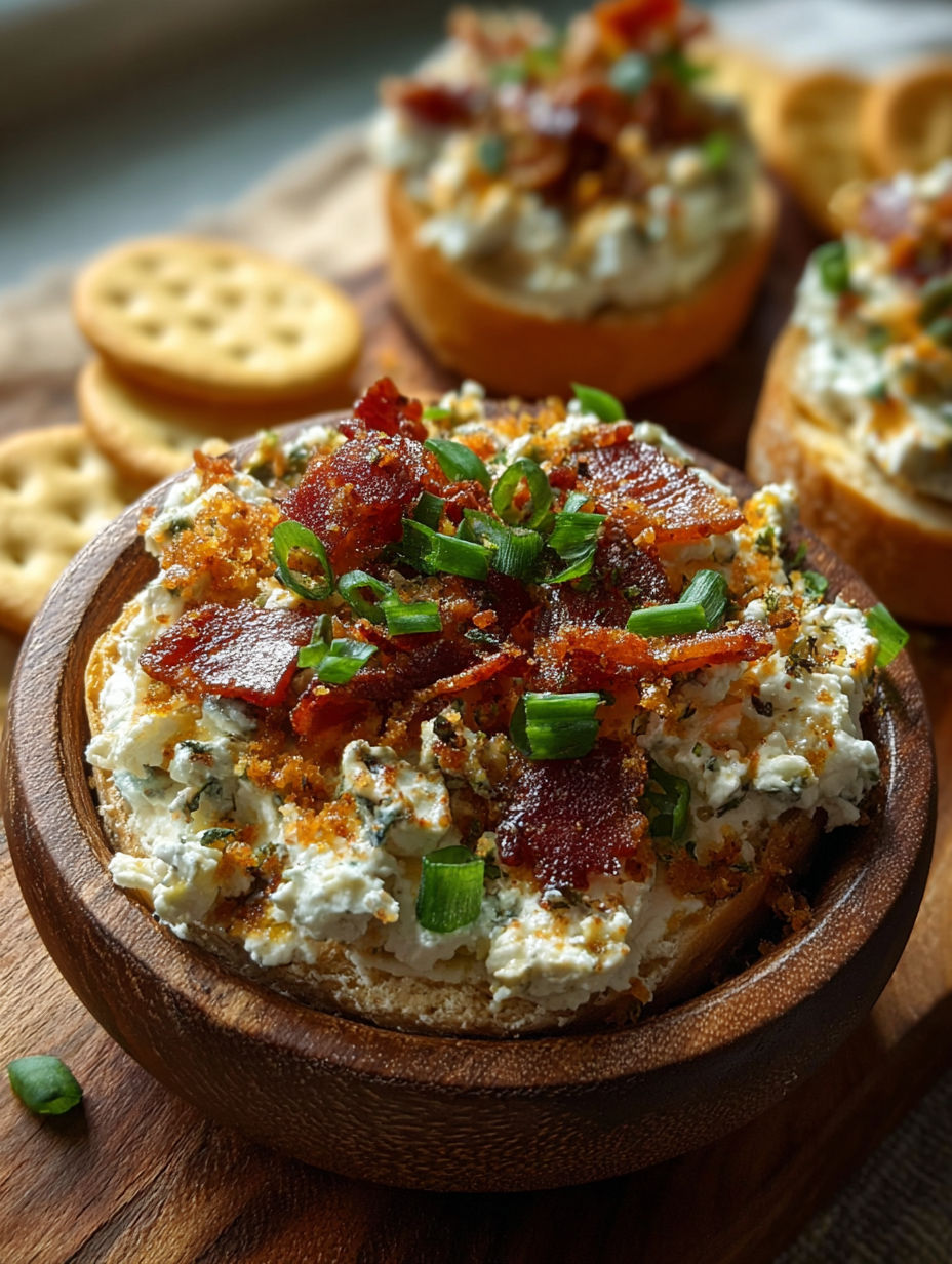 Entrante de queso crema con bacon y cebolla de verdeo.