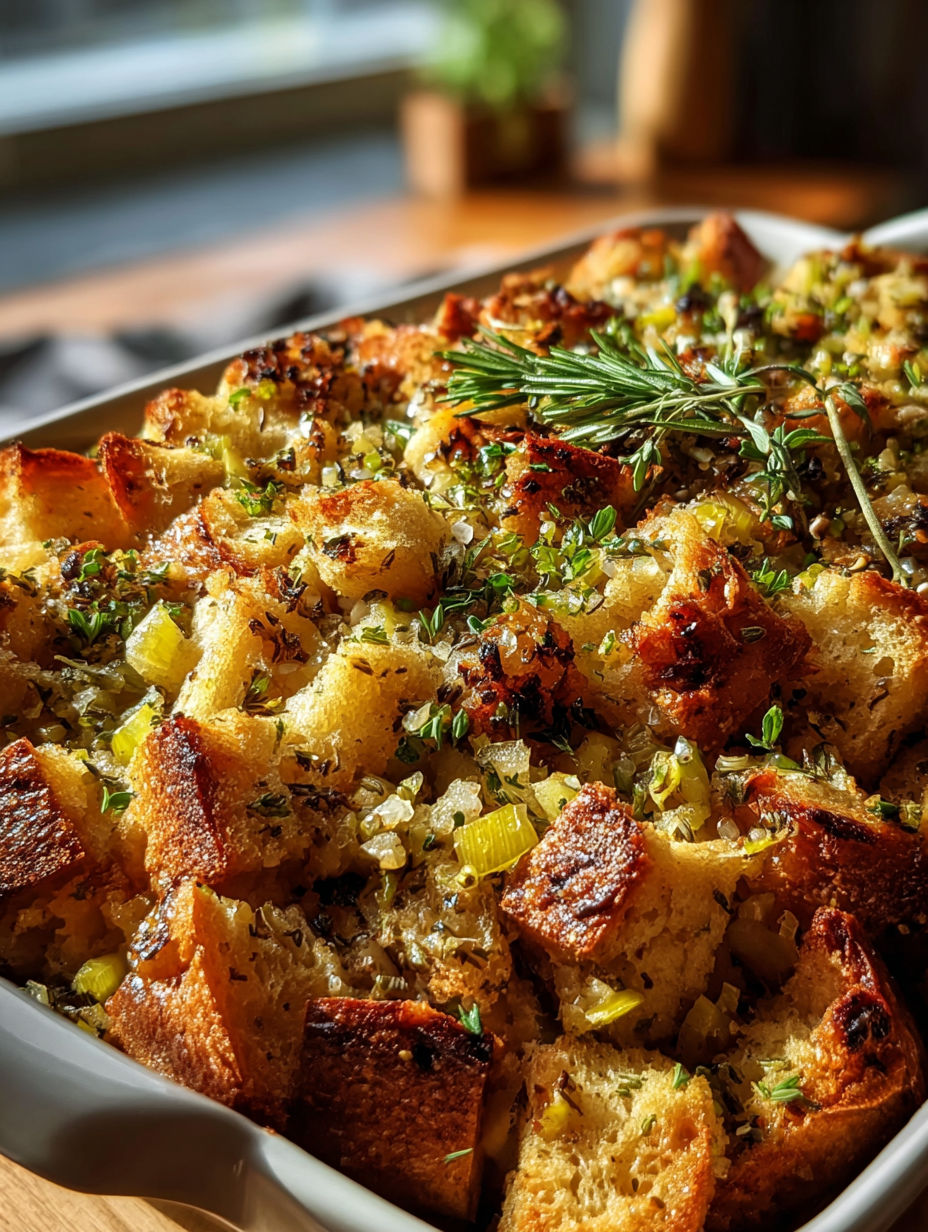 Plato blanco lleno de un delicioso relleno de Acción de Gracias.