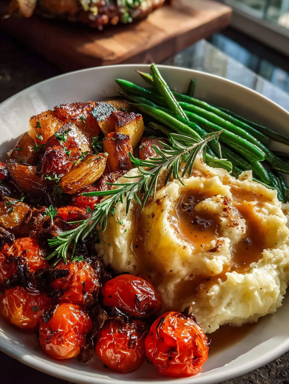 Un plato con ejotes asados y jitomates.