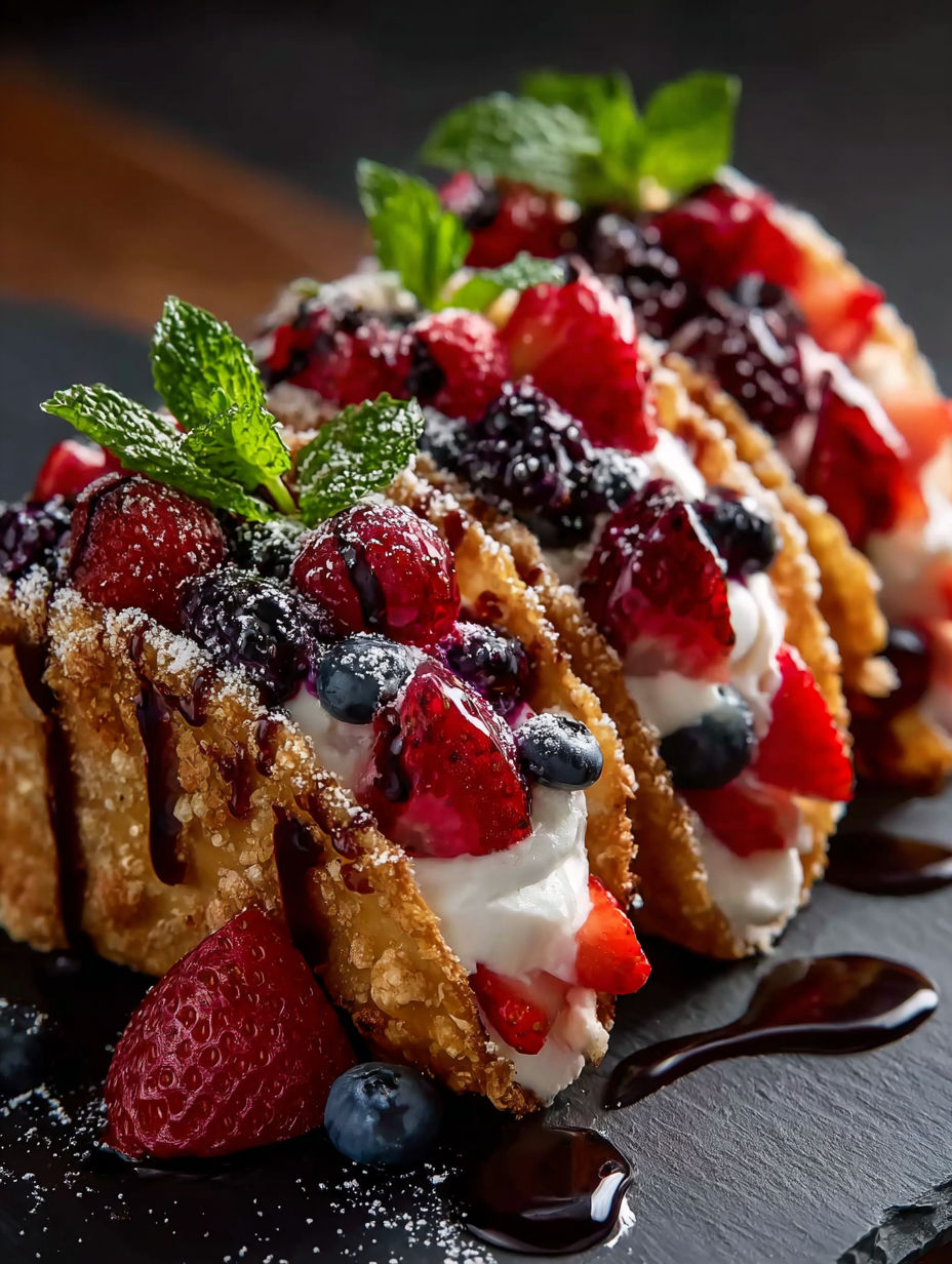 Un postre con frutos rojos y crema batida.