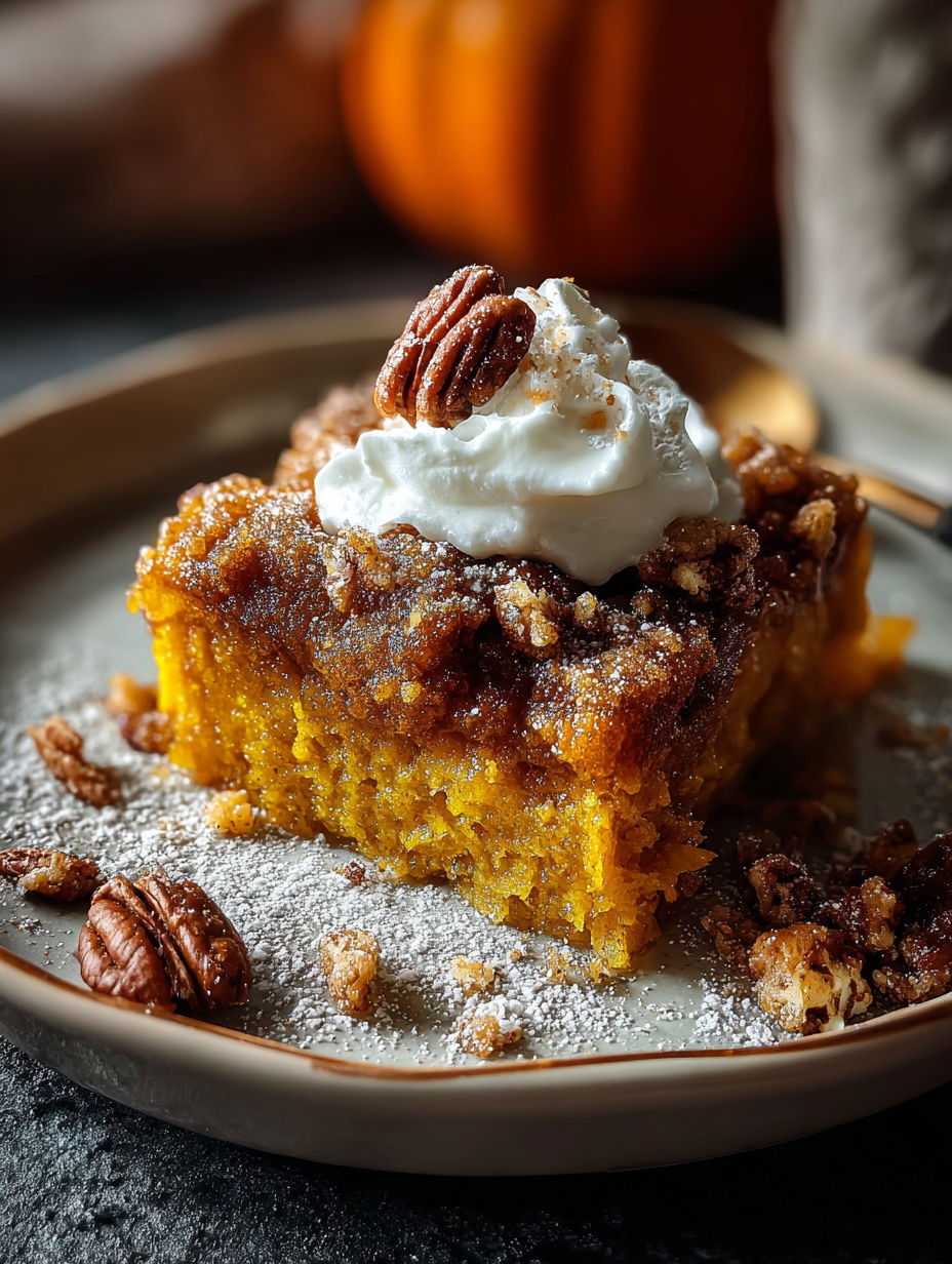 Una porción de pastel de calabaza con crema batida encima.