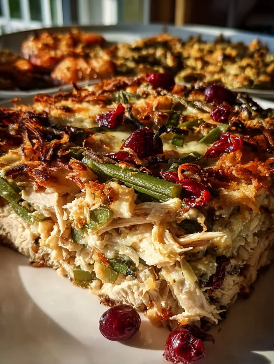 Una cazuela con ejotes y pimientos rojos.