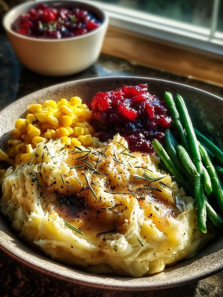 Un tazón de puré de papas con hierbas encima.