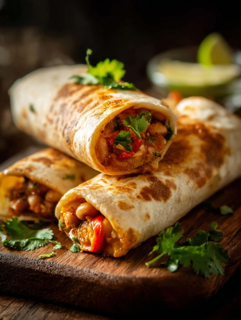 Dos burritos de frijoles en una mesa de madera.