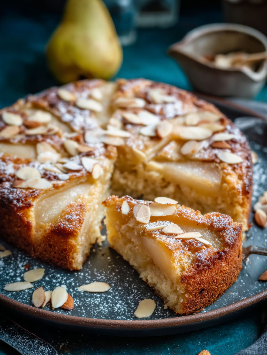 Una rebanada de pastel de desayuno con pera y almendra.