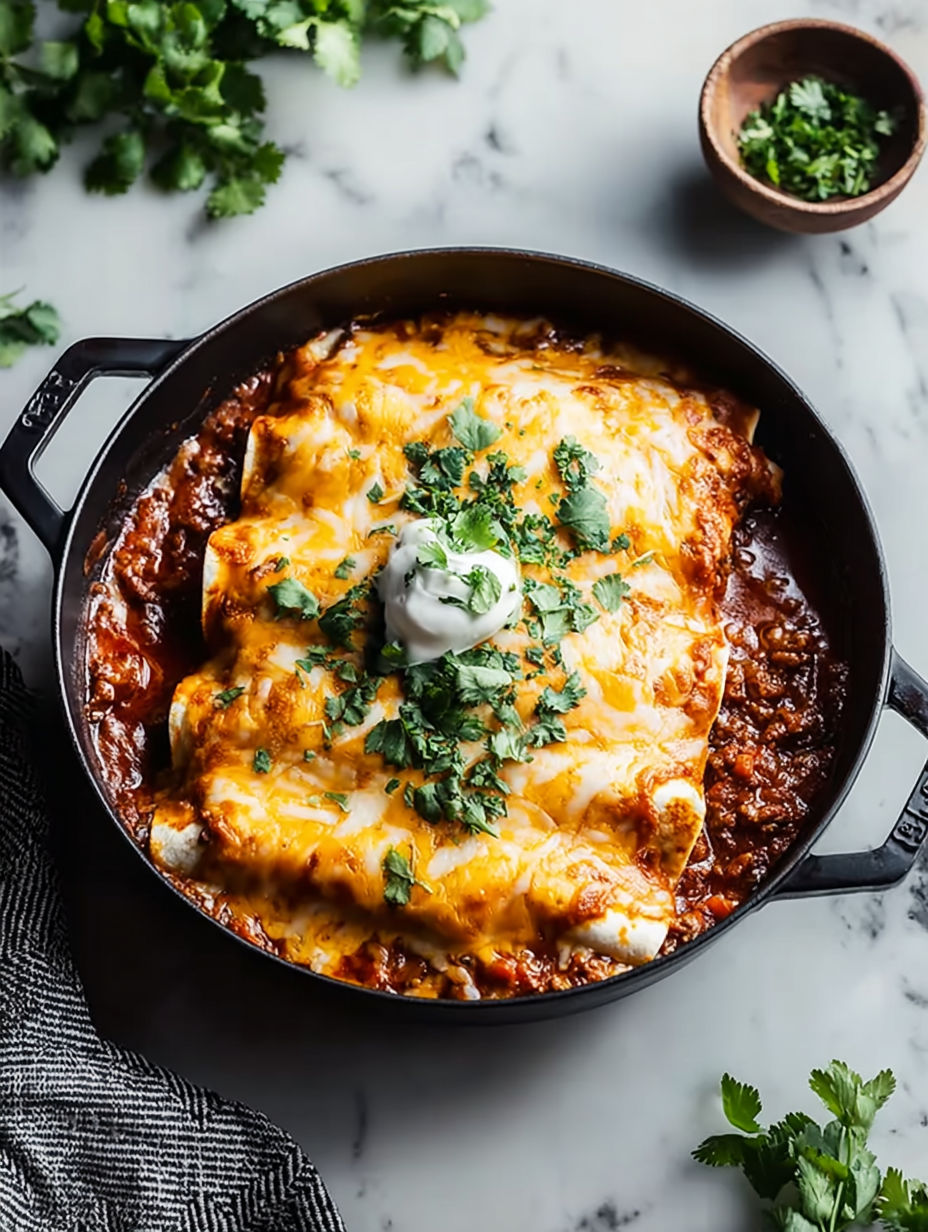 Un molde con enchiladas de carne molida.