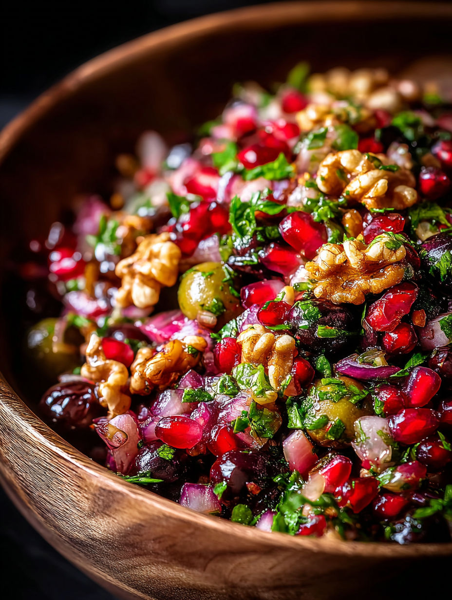 Un plato con comida y una nuez arriba.